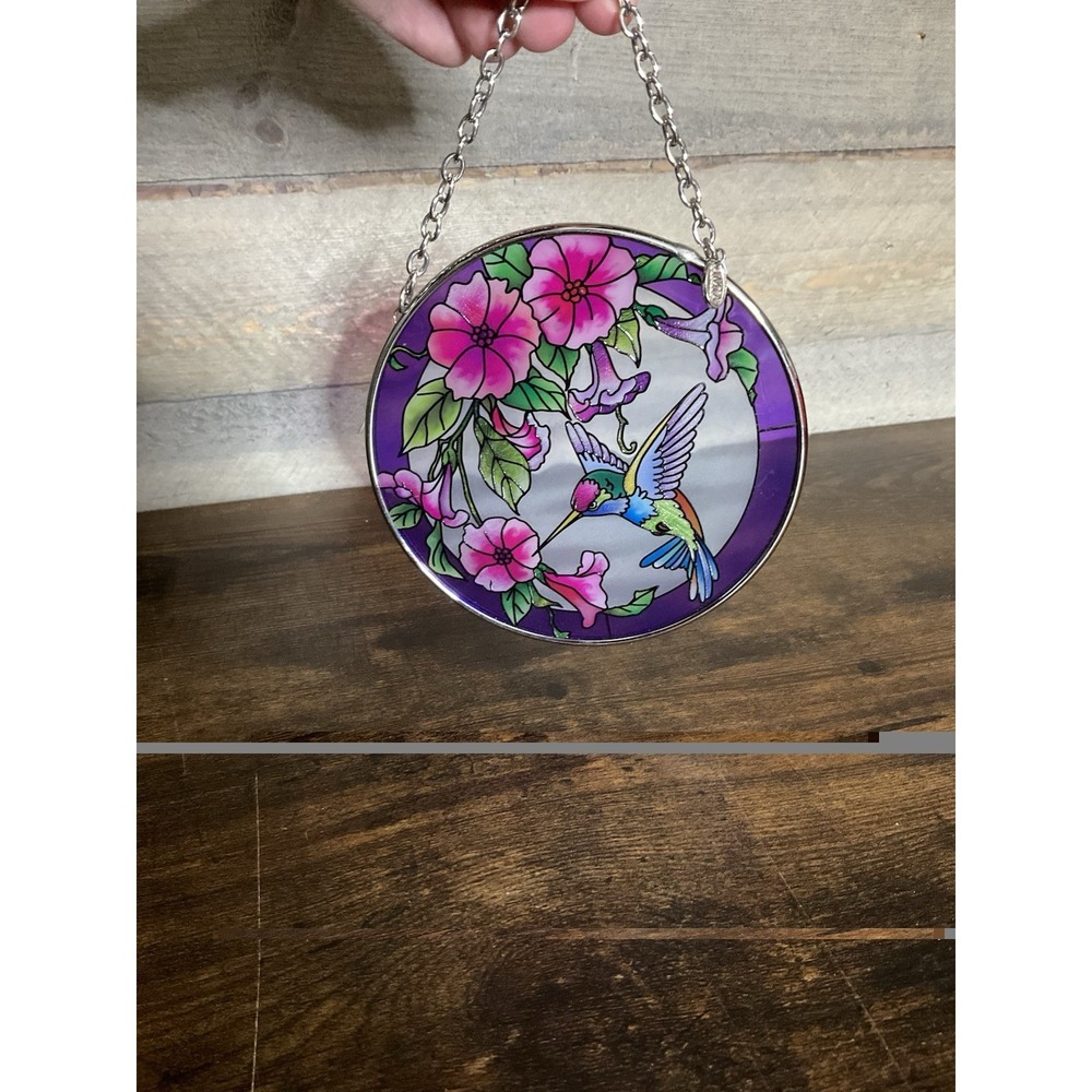 Vintage Hummingbird flower scene stained glass suncatcher hanger